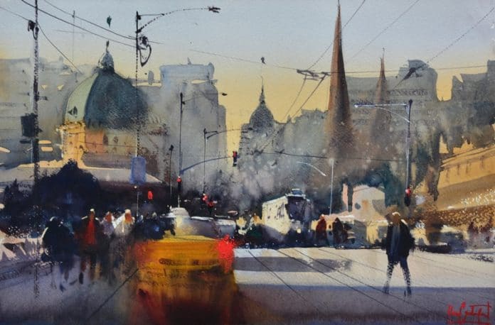 watercolor painting cityscape