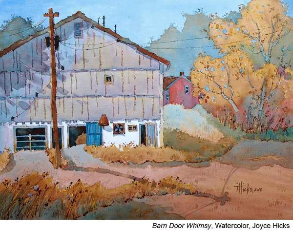 watercolor landscape painting of barn