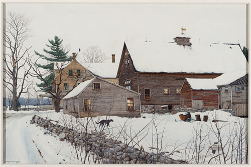 painting of barn in snow