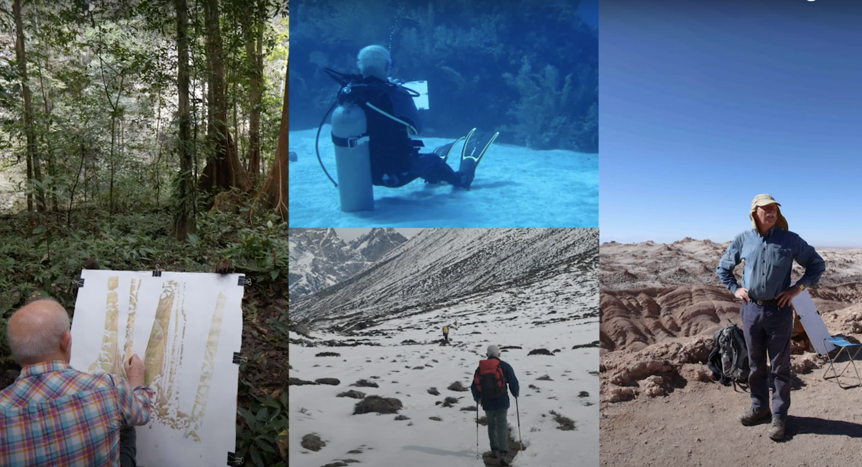 photo montage of artist in extreme locations