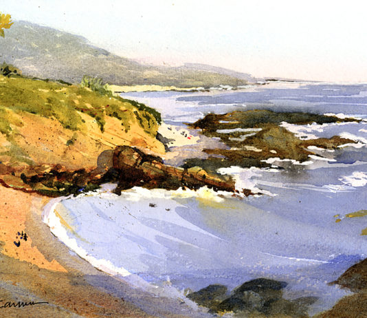 Watercolor painting of beach scene