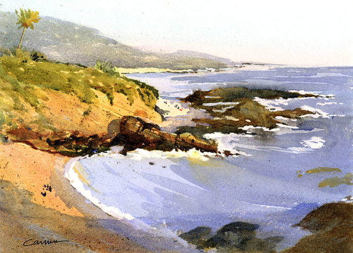 Watercolor painting of beach scene