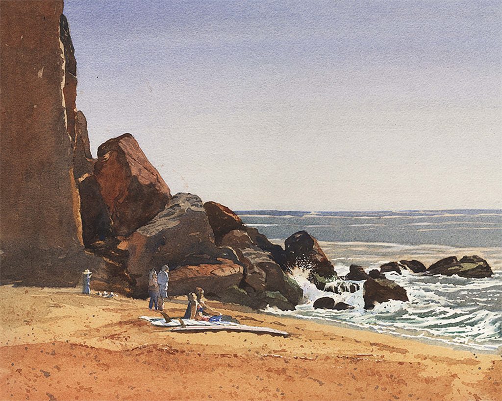 Watercolor painting of people on a beach in Malibu, California