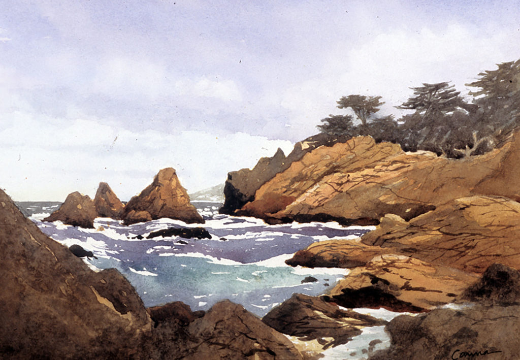 Watercolor painting of ocean and rocks on shore: "The Devil's Cauldron"