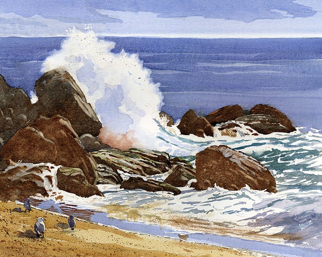 Watercolor printing of birds on beach with waves crashing on rocks of shore