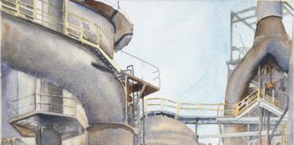watercolor painting of industrial site