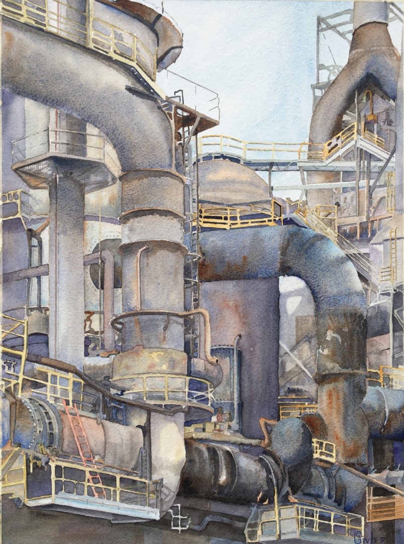 watercolor painting of industrial site
