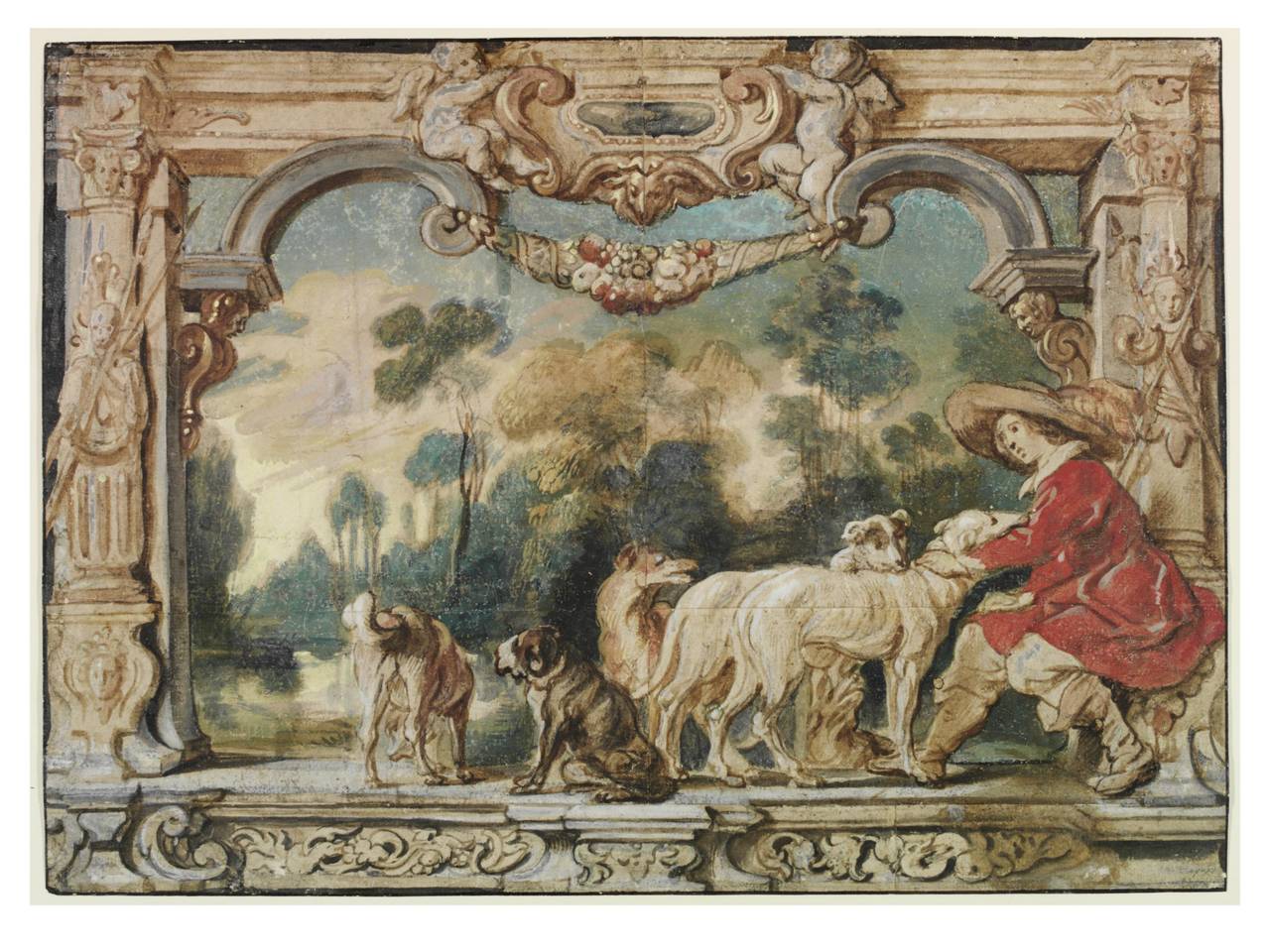 watercolor painting of figure and hounds