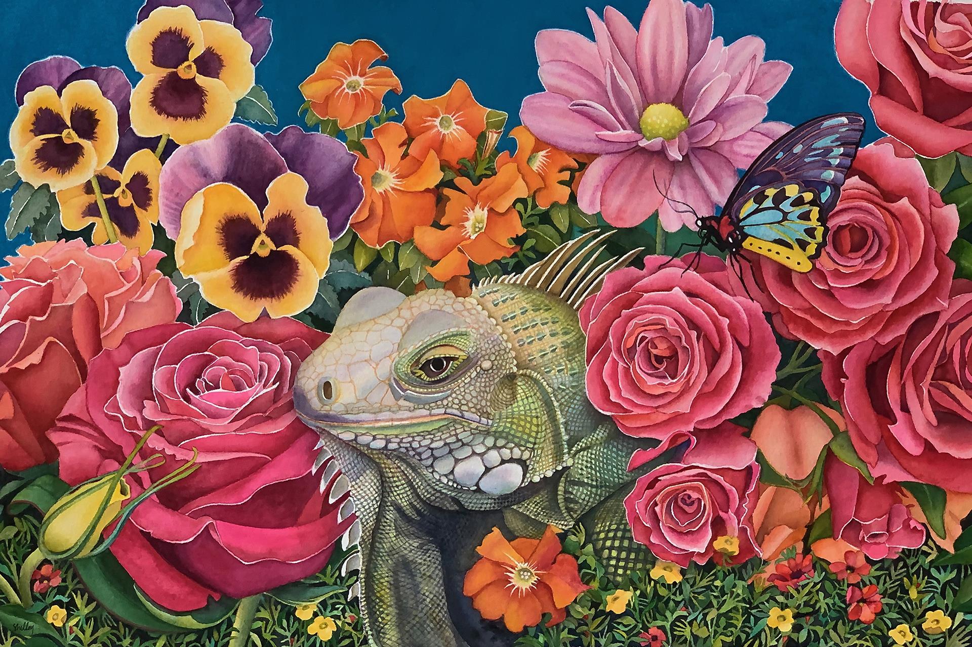 watercolor painting of flowers and iguana
