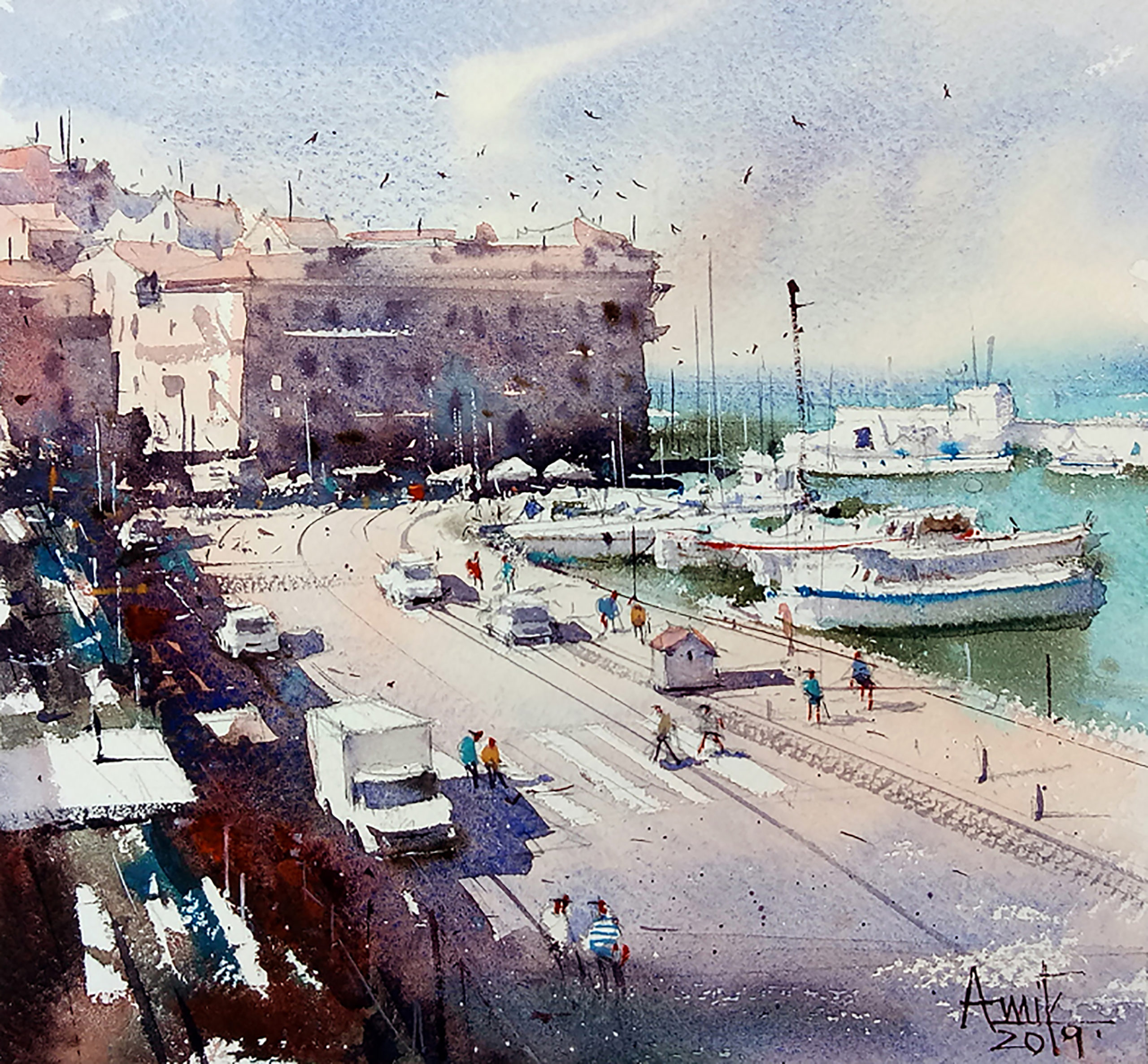 watercolor painting of boat harbor