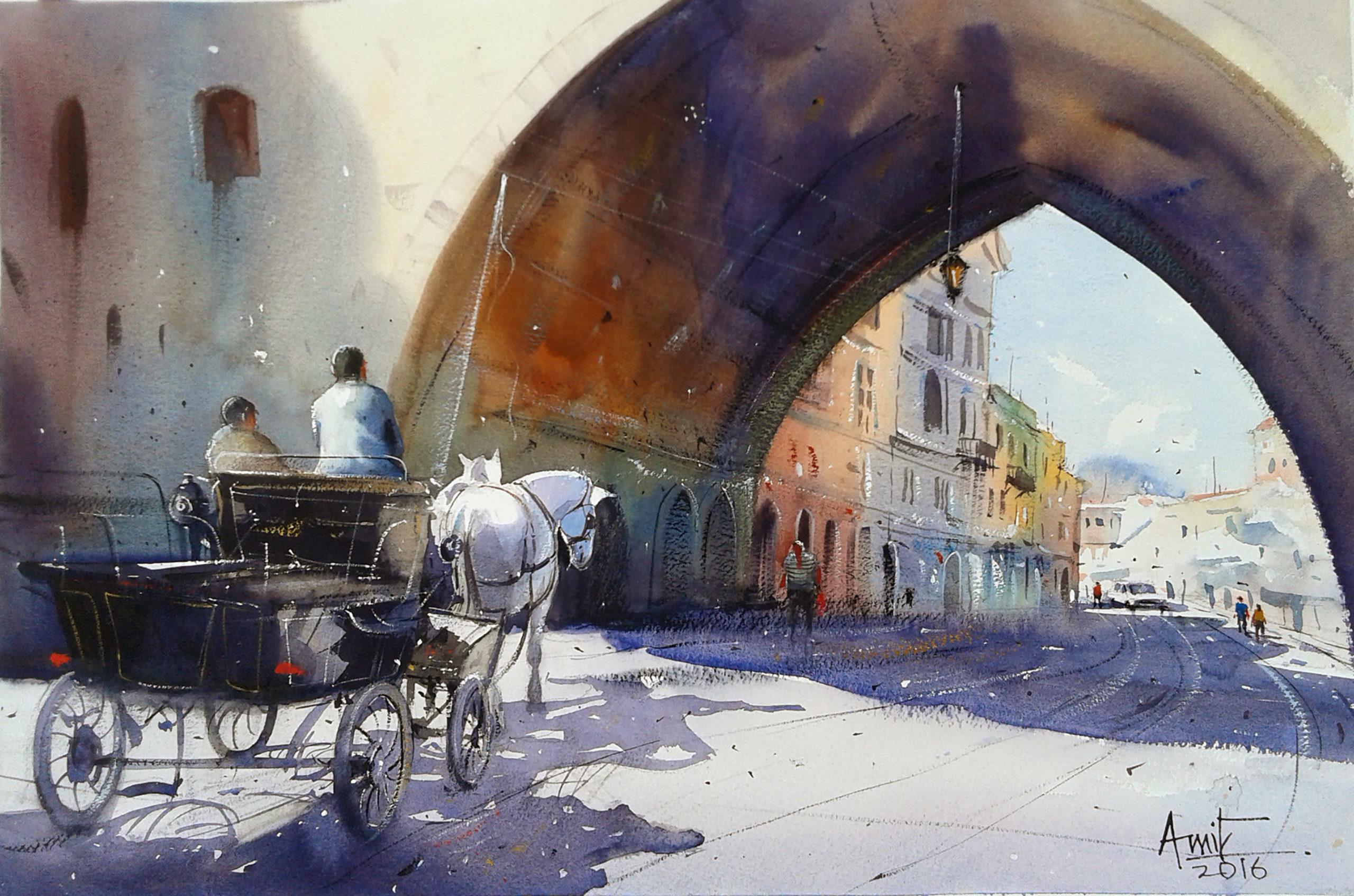 watercolor painting of horse and carriage in Italy