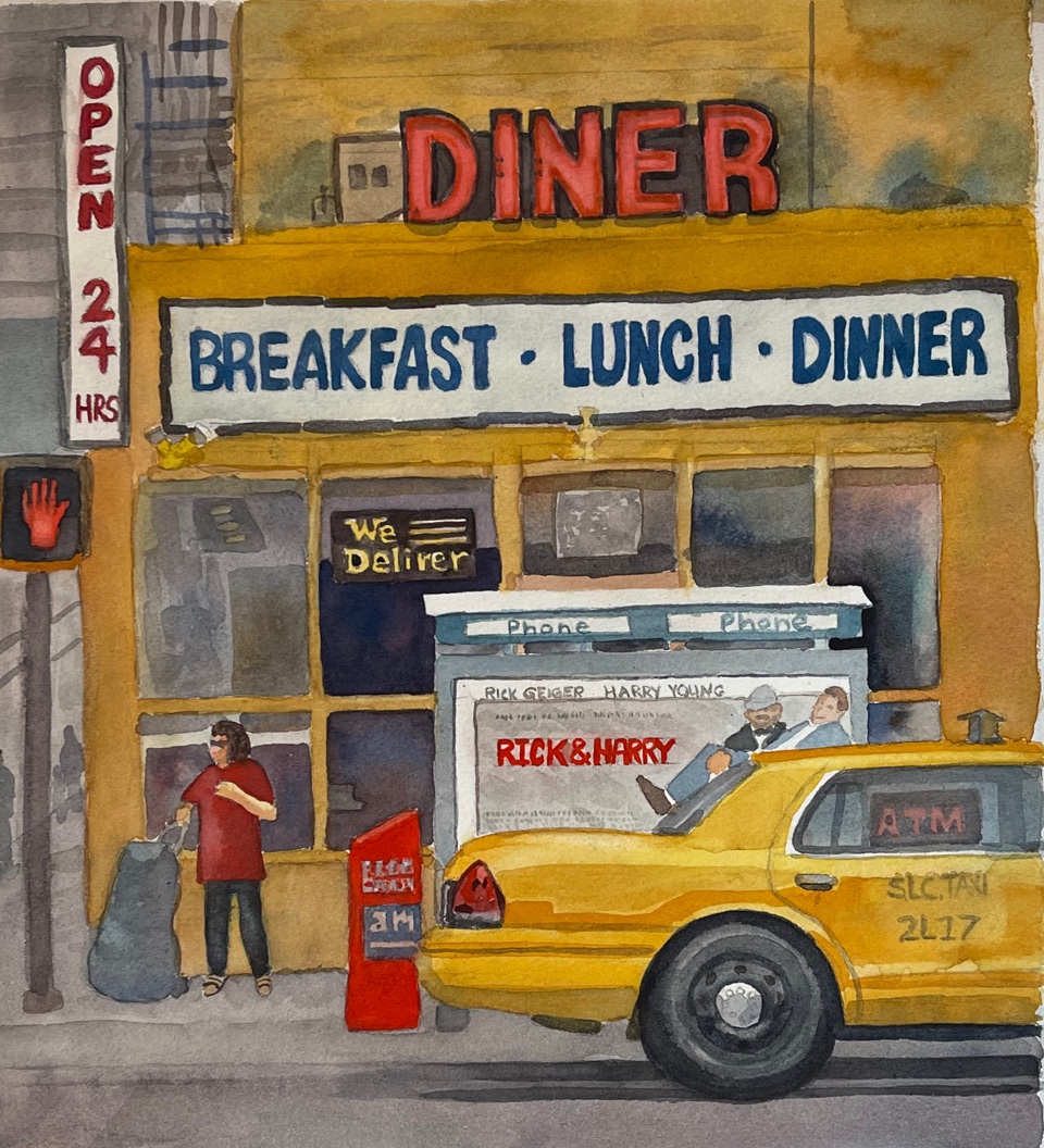 watercolor painting of diner