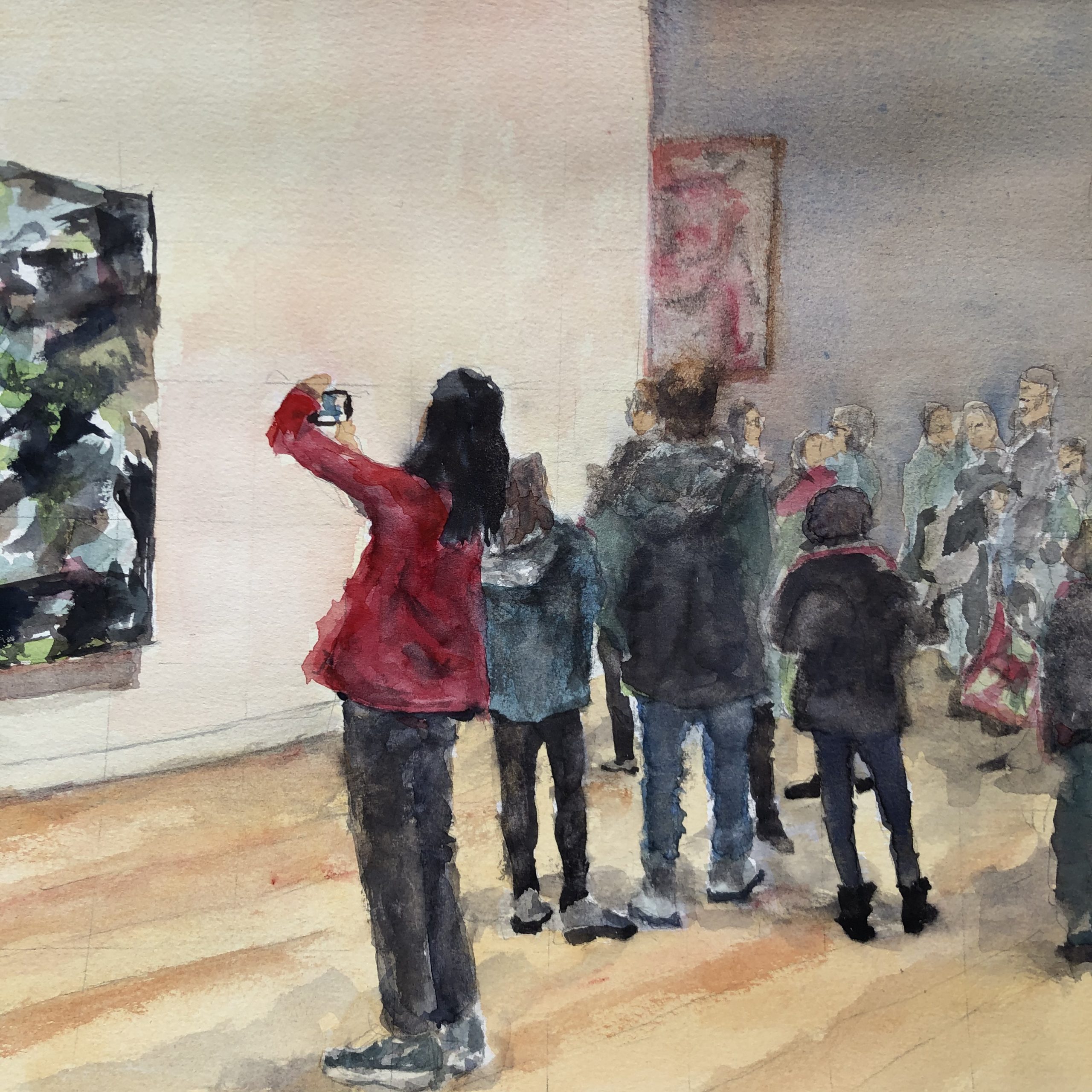 watercolor painting of museum interior