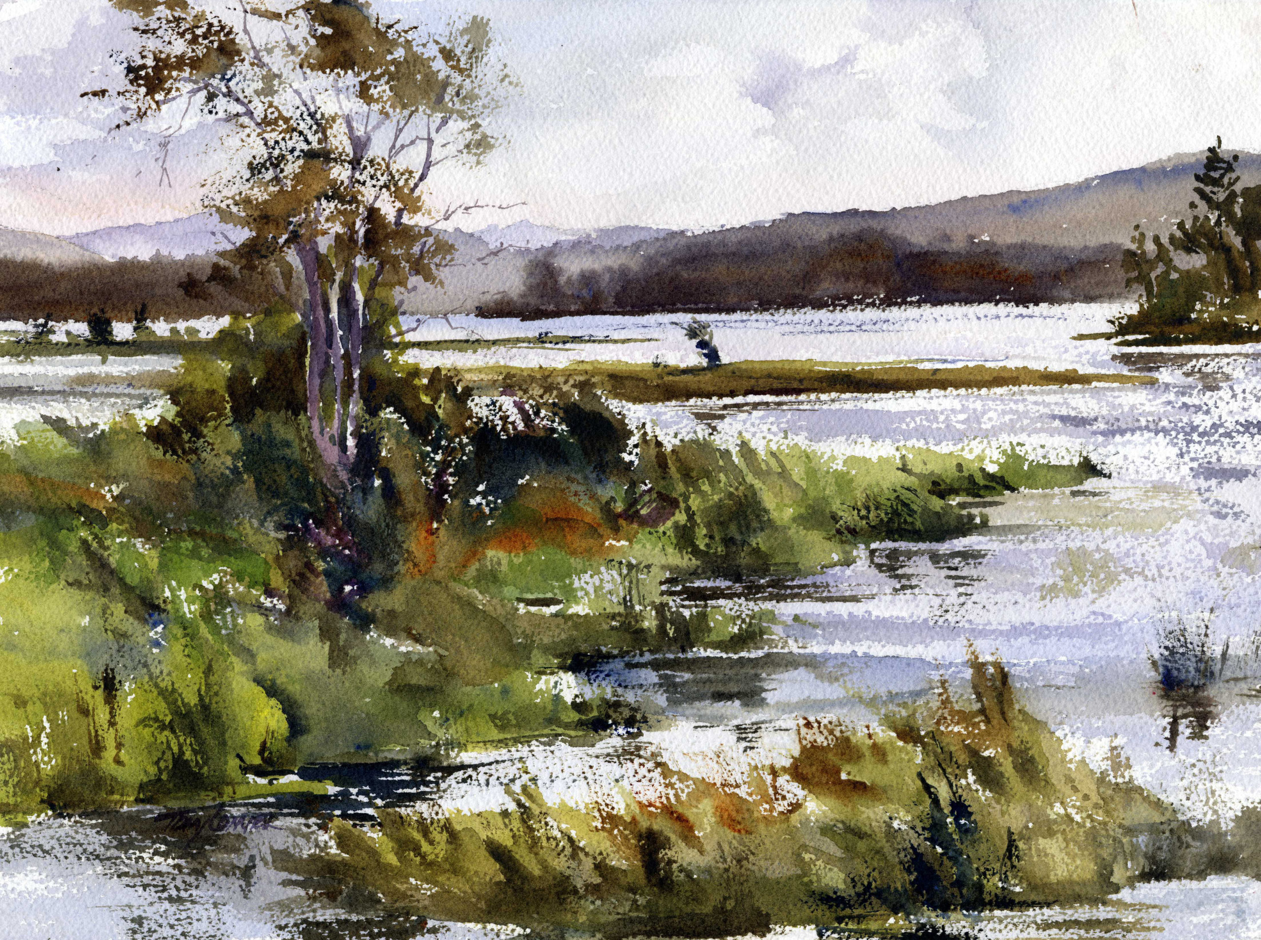 watercolor landscape painting of river