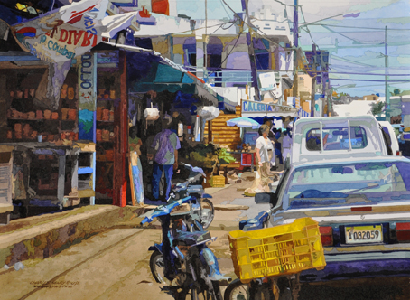 watercolor painting of market