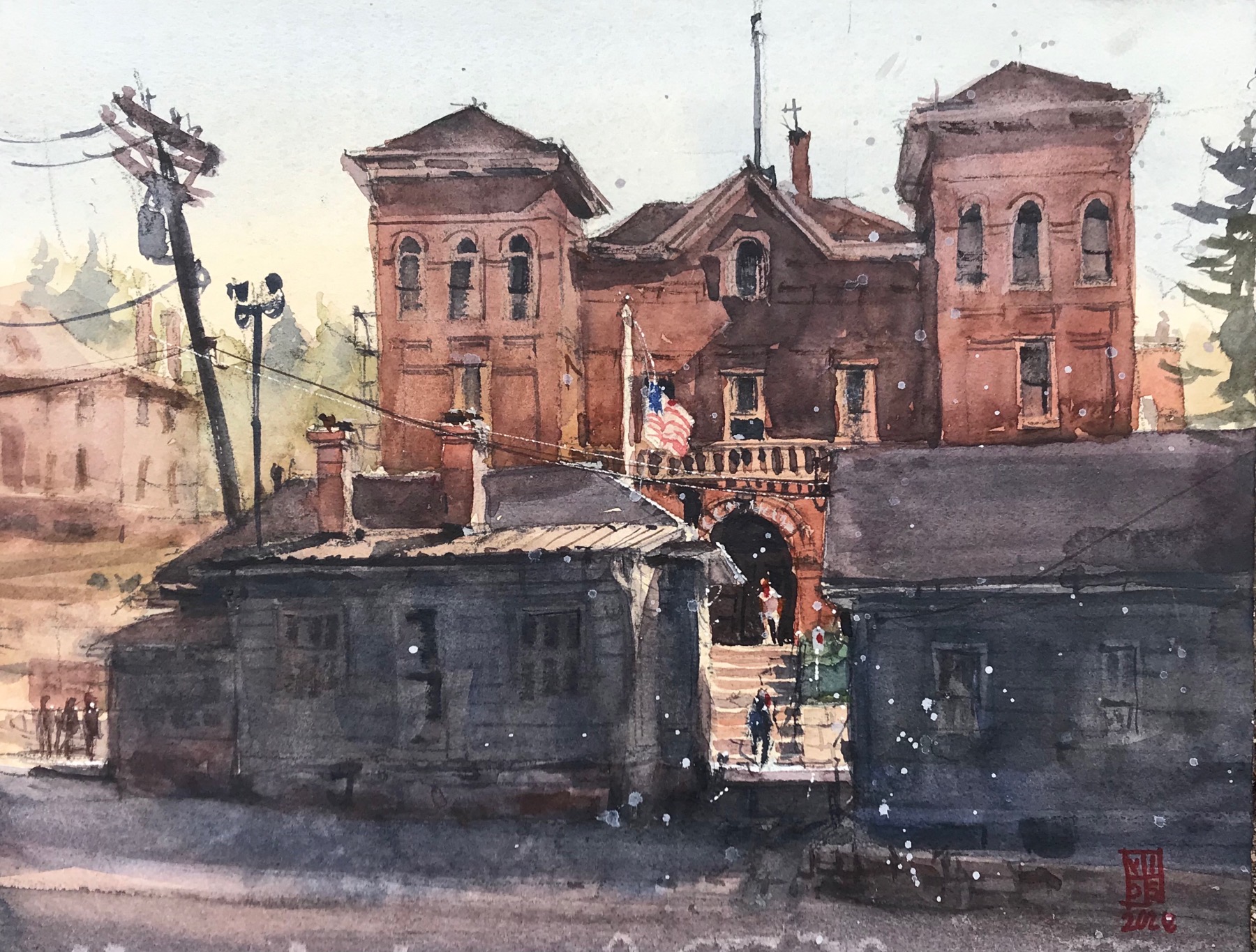 watercolor painting of courthouse