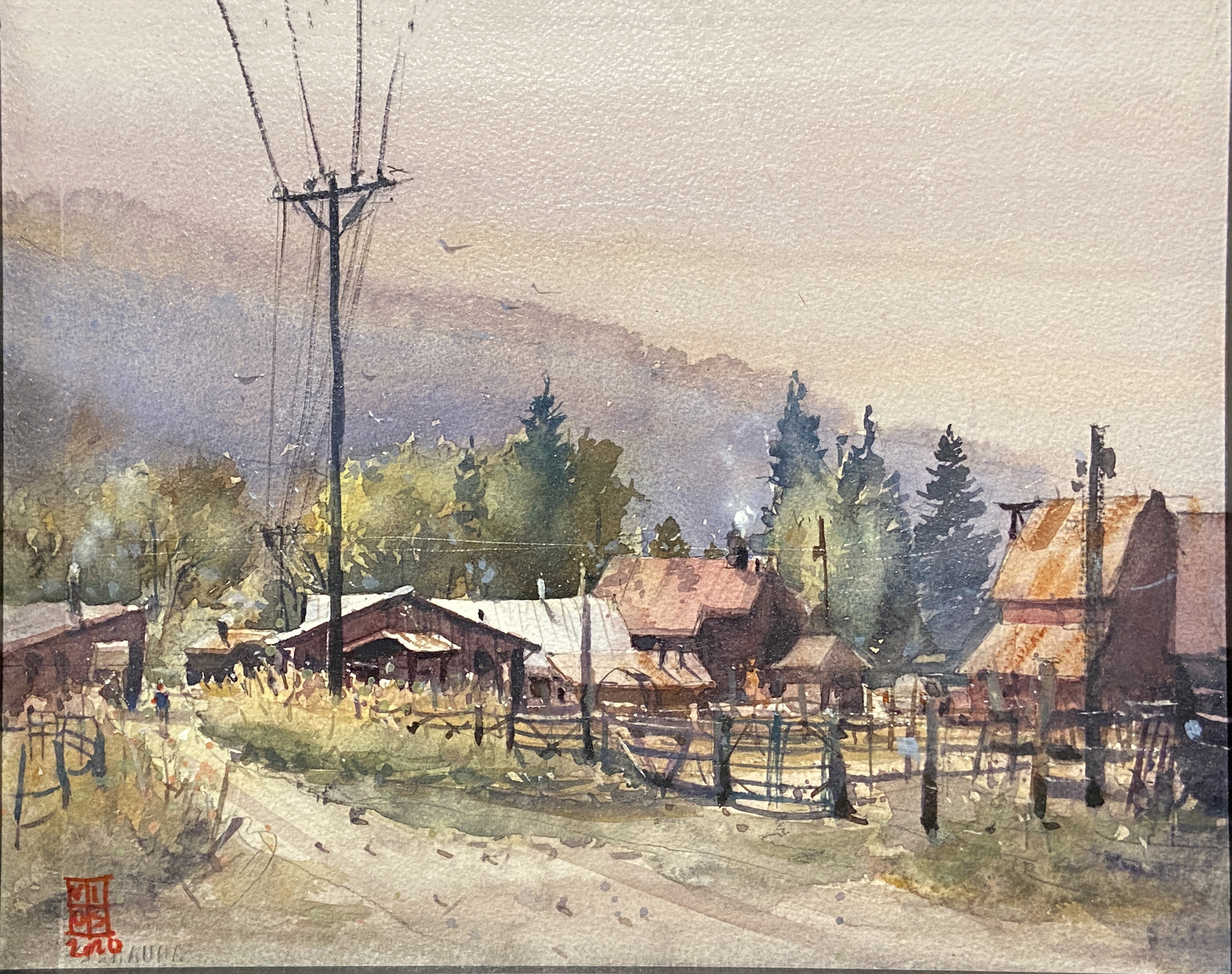 watercolor painting of barns