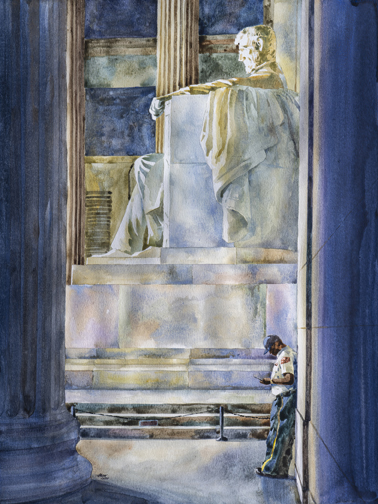 watercolor painting of figure and statue