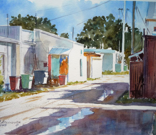 Watercolor painting of a dirt alley with buildings