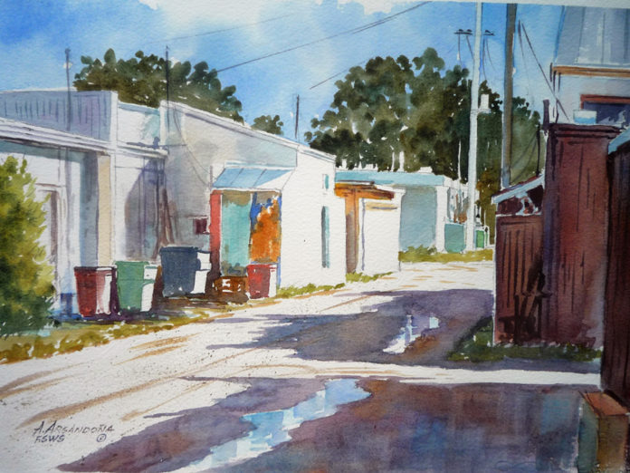Watercolor painting of a dirt alley with buildings