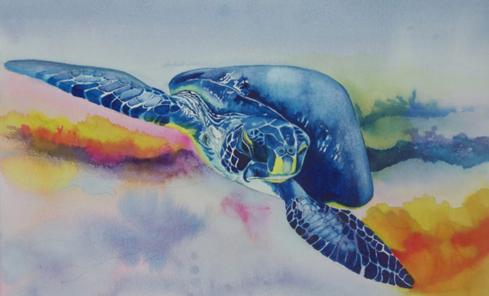 Watercolor painting of a blue turtle
