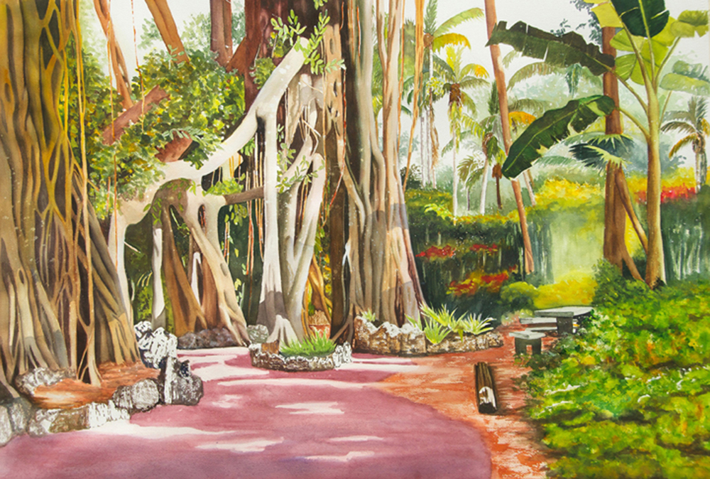Watercolor painting of trees with a path through the middle