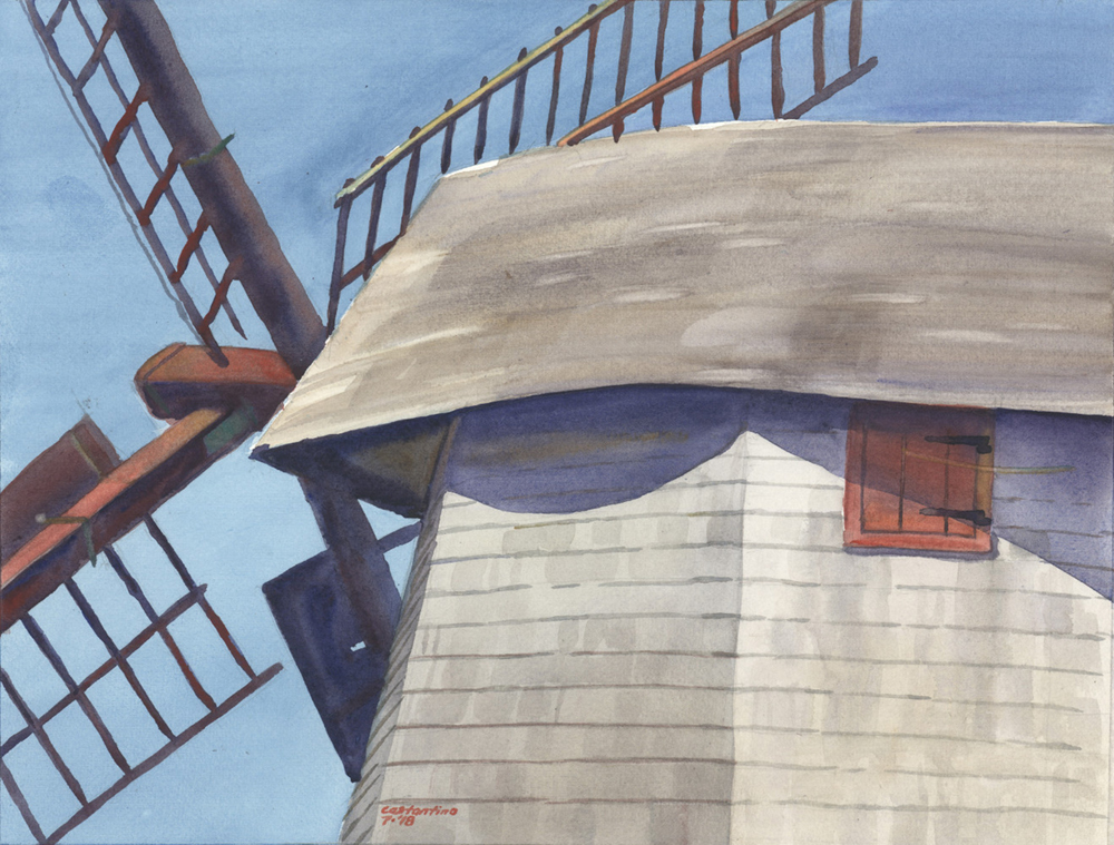 Watercolor painting of the top of a windmill