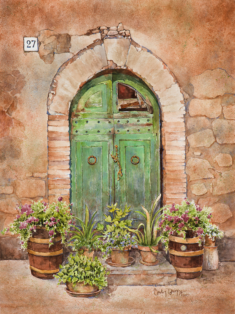 Watercolor painting of a green door in Tuscany