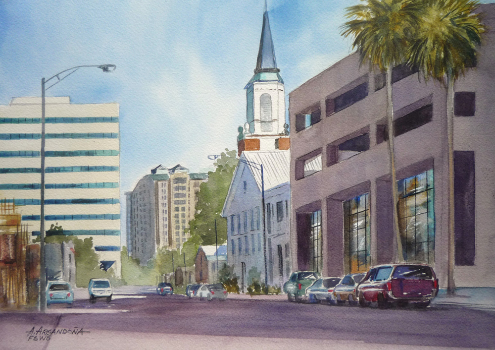 Watercolor painting of a cityscape