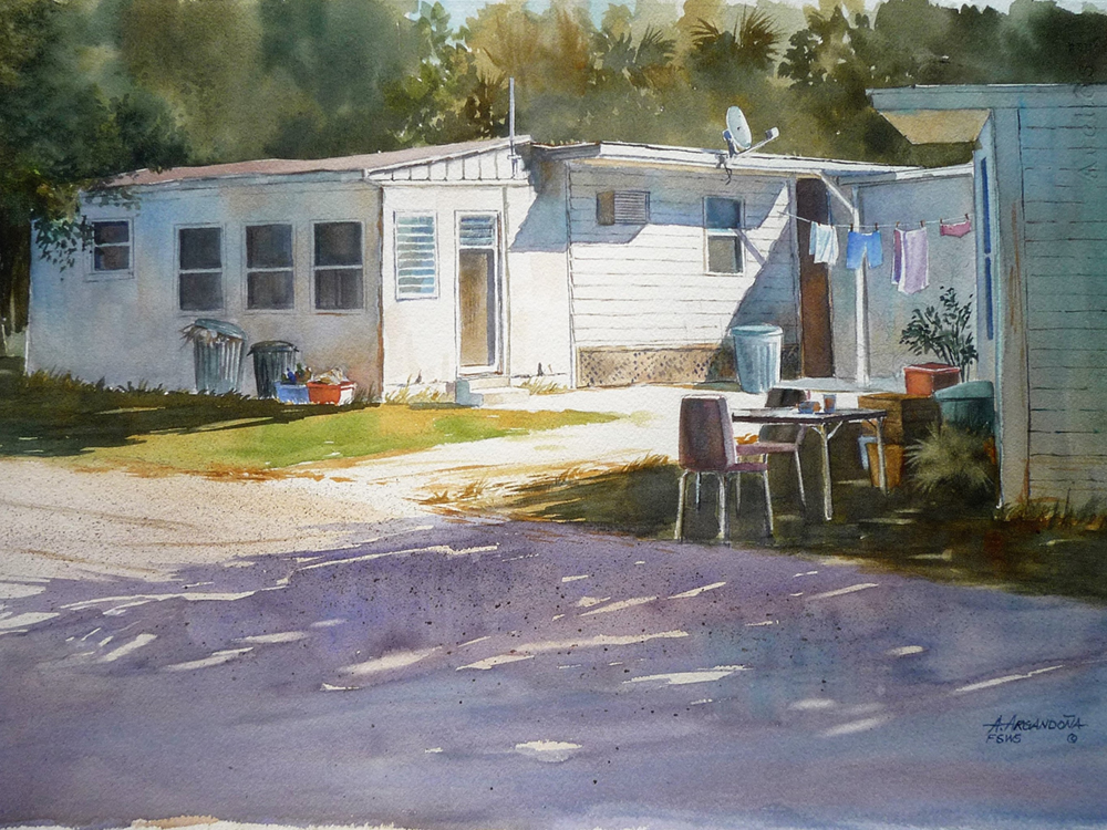Watercolor painting of an old house next to a dirt road