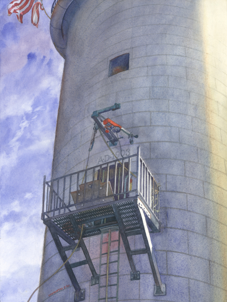 Watercolor painting of the side of a lighthouse