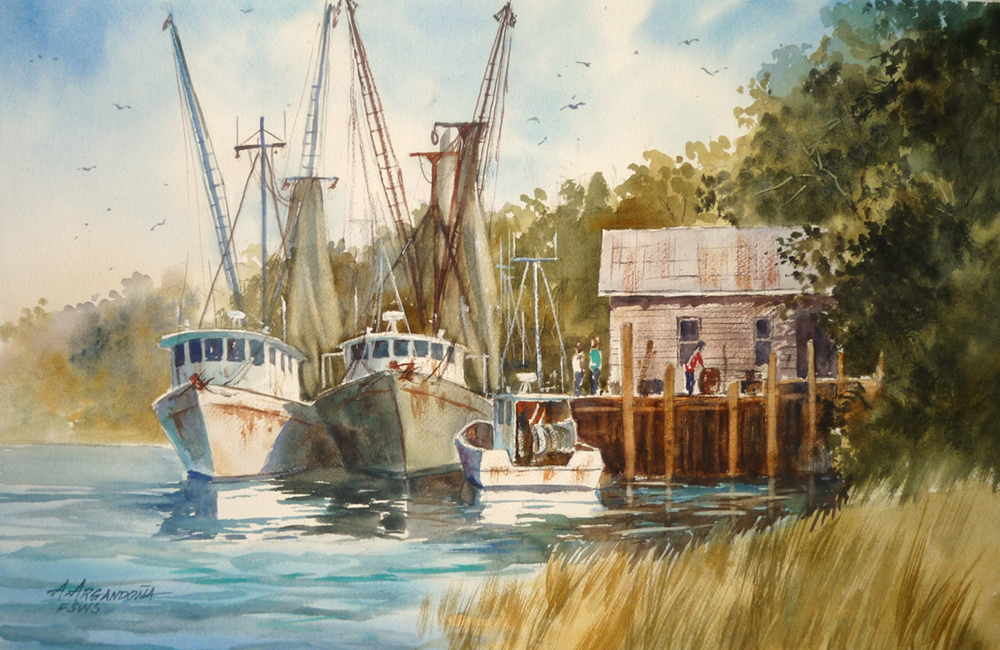 Watercolor painting of boats at dock