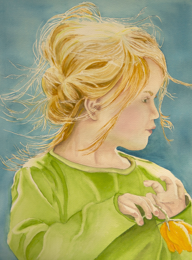 Watercolor painting of a young girl with blonde hair and a green shirt holding a yellow tulip