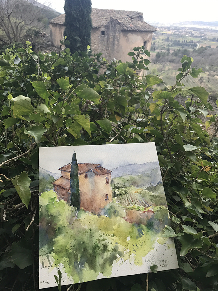 Photo of a plein air painting in situ in France