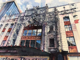 Watercolor painting of a dramatic theater building facade
