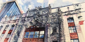 Watercolor painting of a dramatic theater building facade