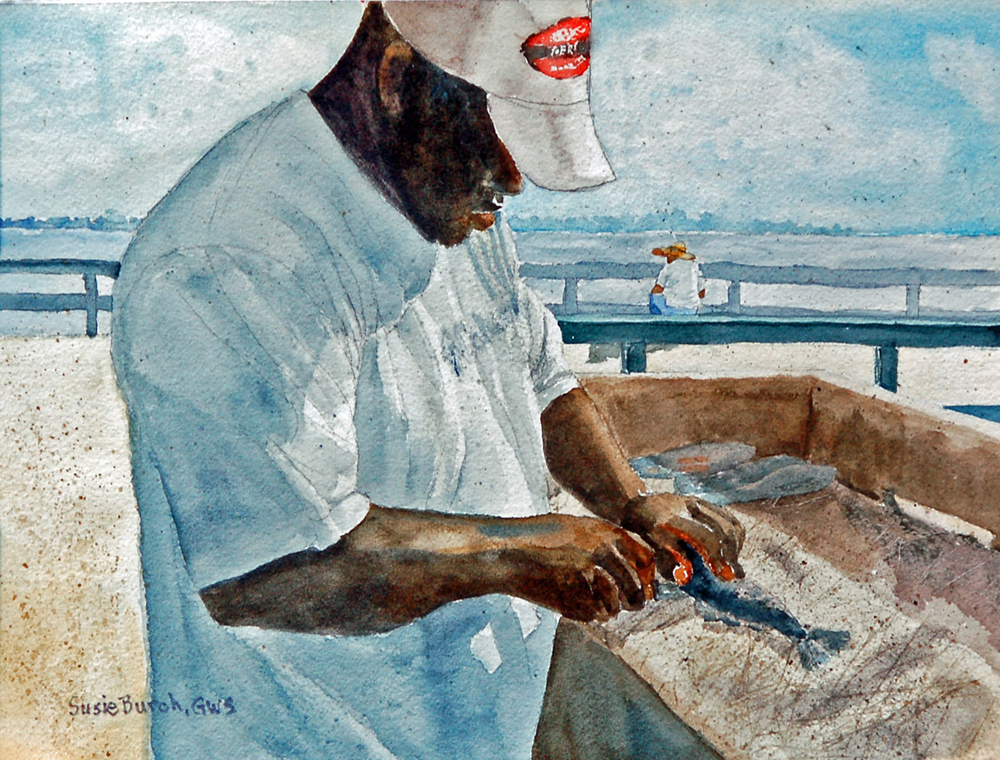 Watercolor painting of a man cleaning a fish near the water