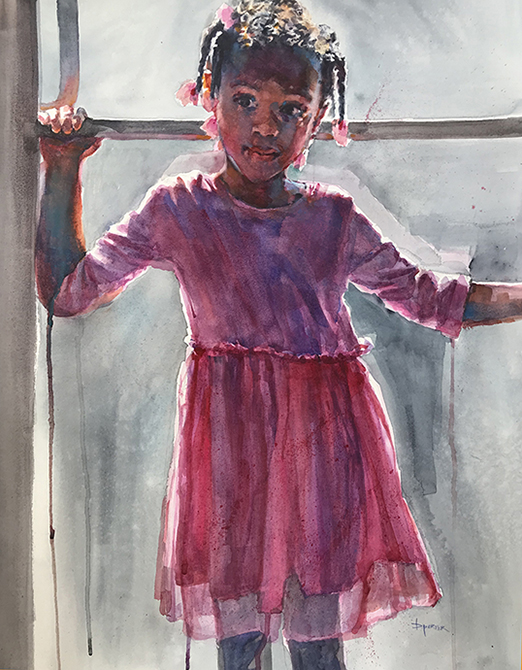 Watercolor painting of a little girl making an entrance walking in a door
