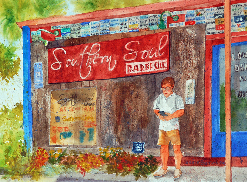Watercolor painting of a man waiting outside a barbecue restaurant named Southern Soul