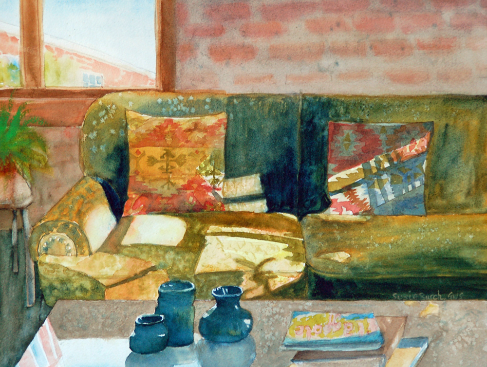 Watercolor painting of morning sunlight streaming in over a sofa and coffee table