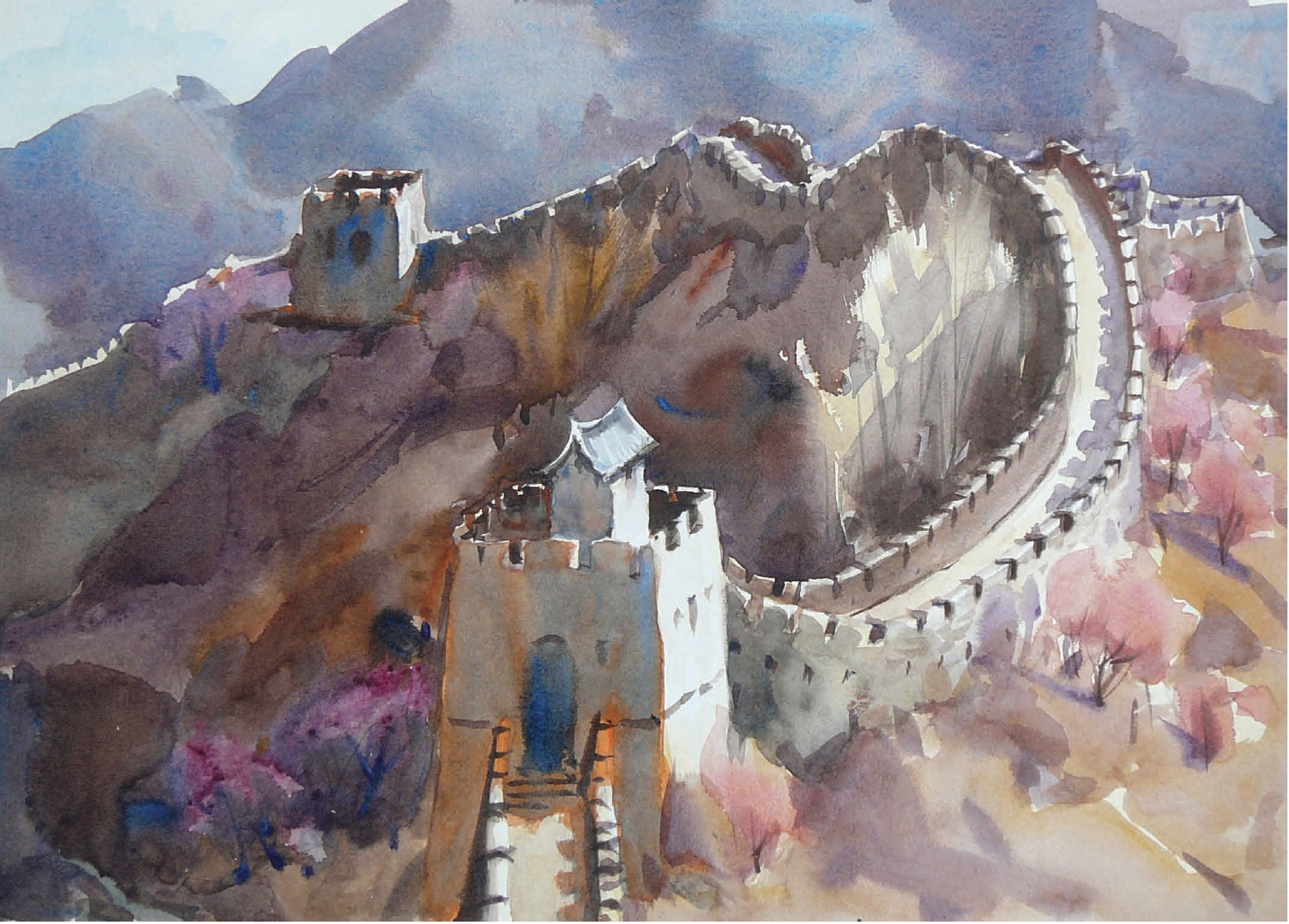 watercolor painting of Great Wall of China