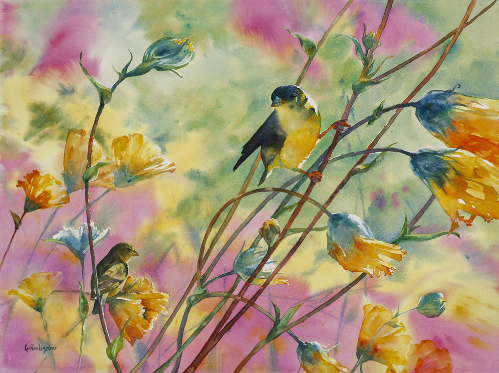 Watercolor painting of a small bird balancing on flower stems