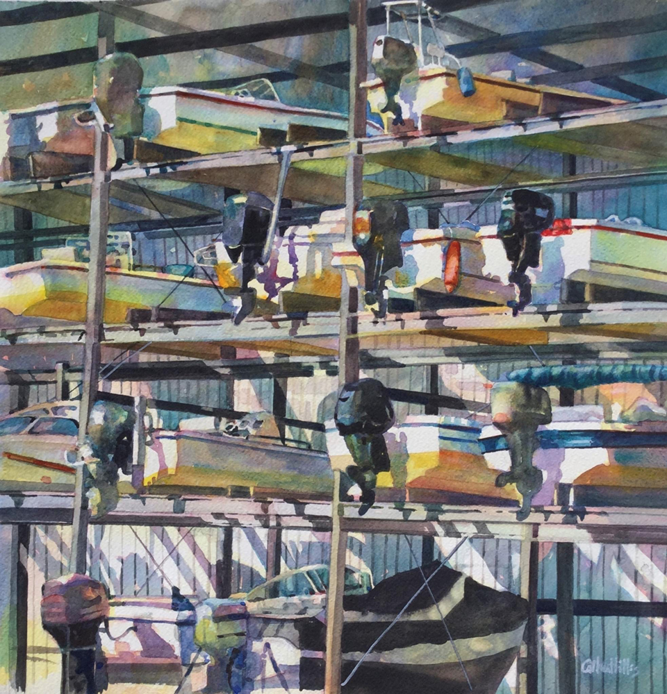 Watercolor painting of boats in dry dock stacked high