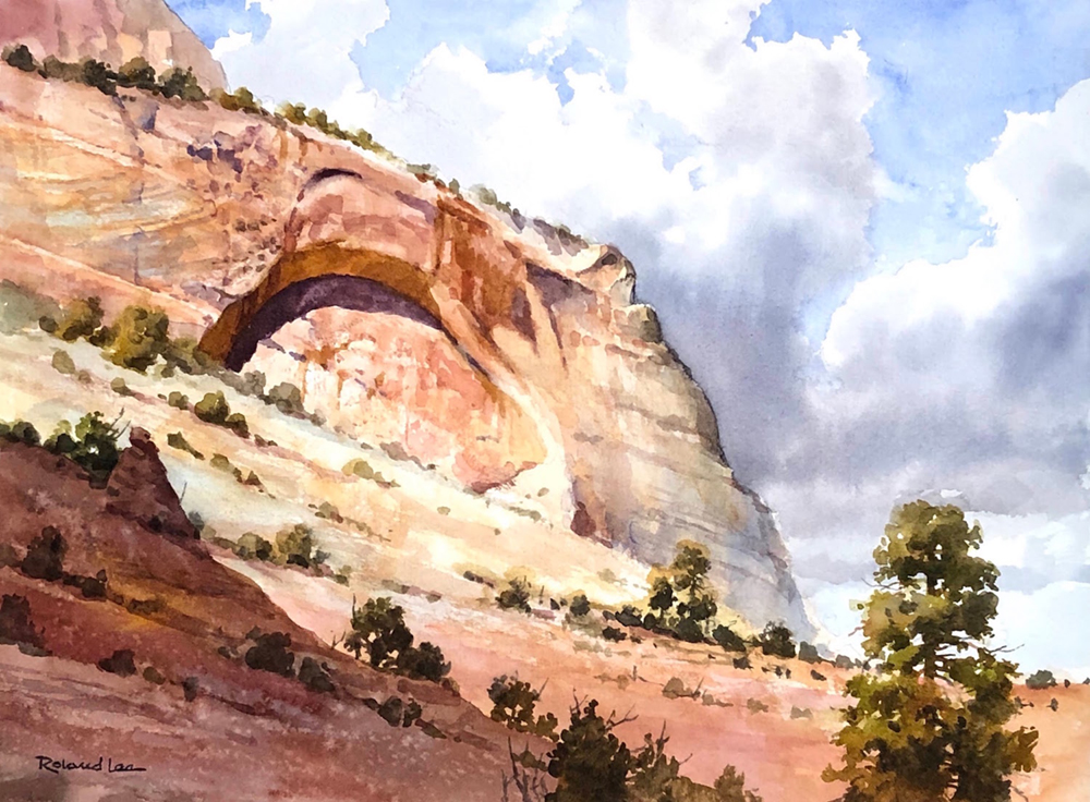 Watercolor painting of a redrocks arch in Zion