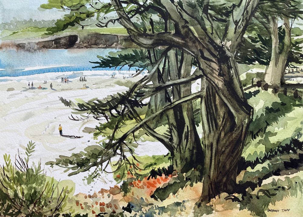 Watercolor painting of a beach with trees