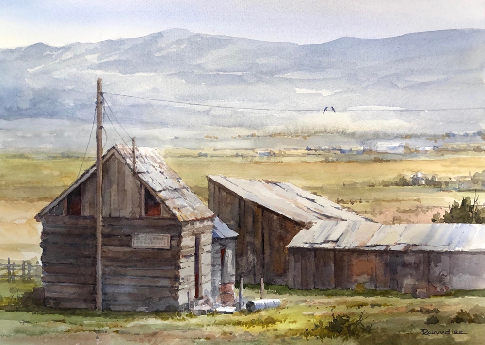 Watercolor painting of birds on a telephone wire over old wooden barns