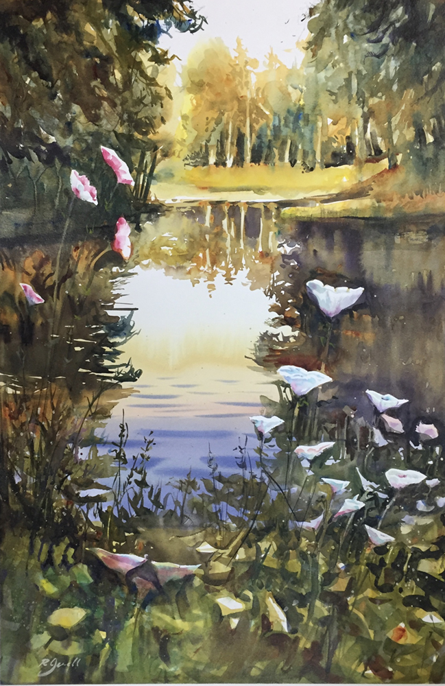 Watercolor painting of a pond with flowers and trees