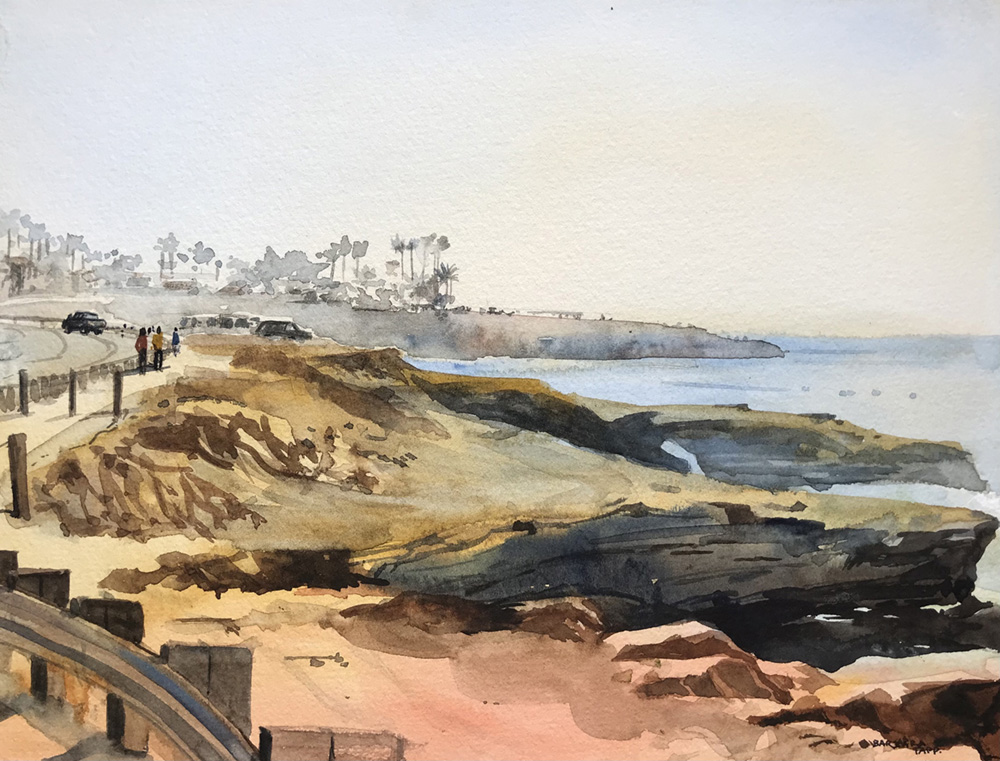 Watercolor painting of beach cliffs