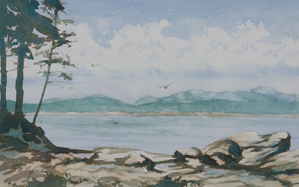 Watercolor painting of a rocky shoreline of a body of water
