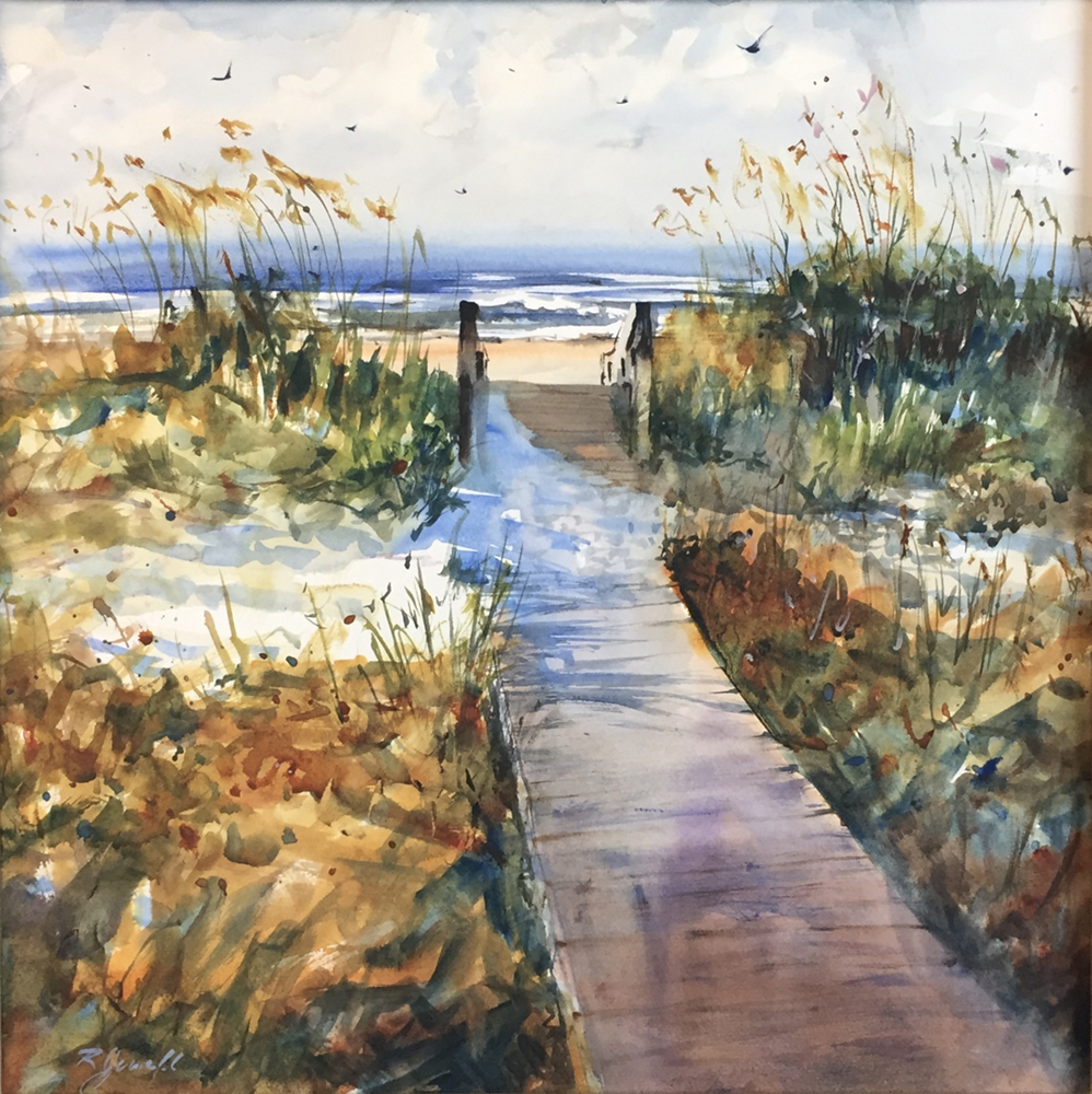 Watercolor painting of a boardwalk to sand dunes